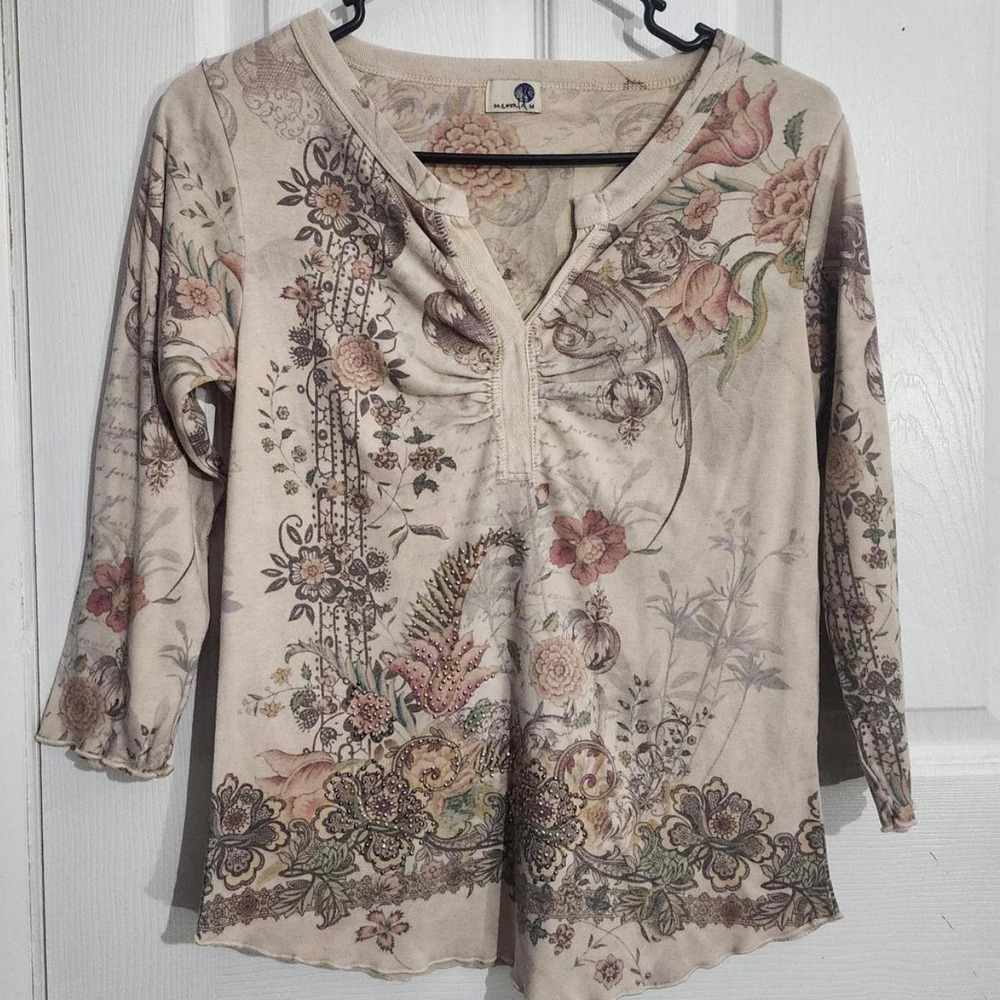 Vintage Cream Embellished Floral Graphic Shirt